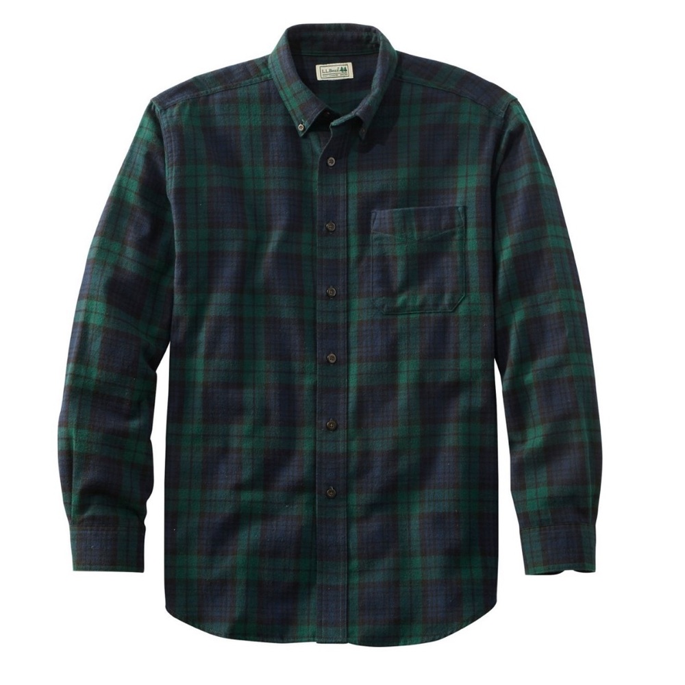 LL Bean plaid flannel button down shirt, scotch, medium, green and blue